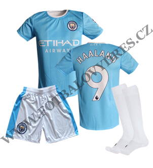 HAALAND fotbalový A3 komplet Manchester City 2023/2024 - dres + bílé trenýrky + štulpny