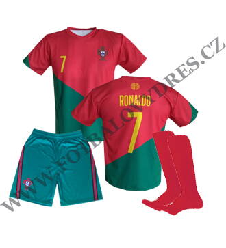 RONALDO Portugalsko fotbalový A3 komplet 2022/2023 dres + zelené trenýrky + červené štulpny